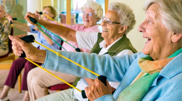 Elderly ladies exercising in a gym.