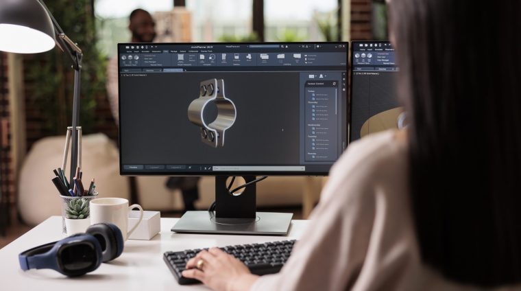 Industry worker developing machinery gears product, engineering industrial turbine production on computer at home. Freelancer working on construction manufactory with creative software.